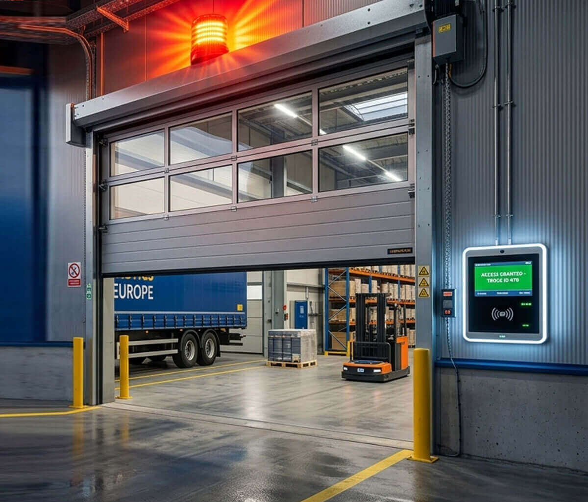 contrôle accès porte sectionnelle industrielle feu clignotant avec Xpert Portail