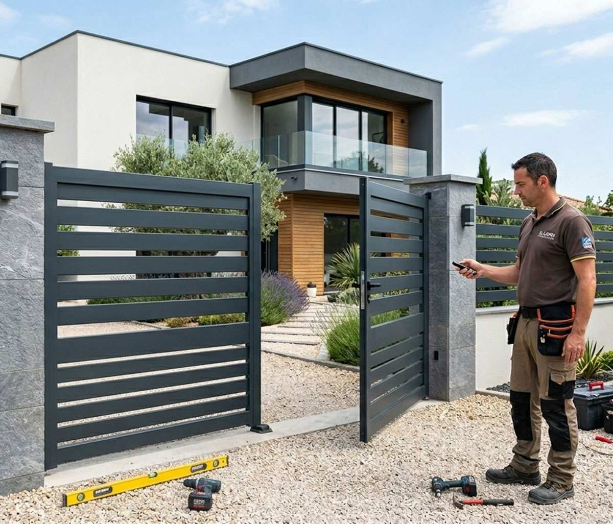 Installation portail motorisé - portail battant aluminium maison moderne